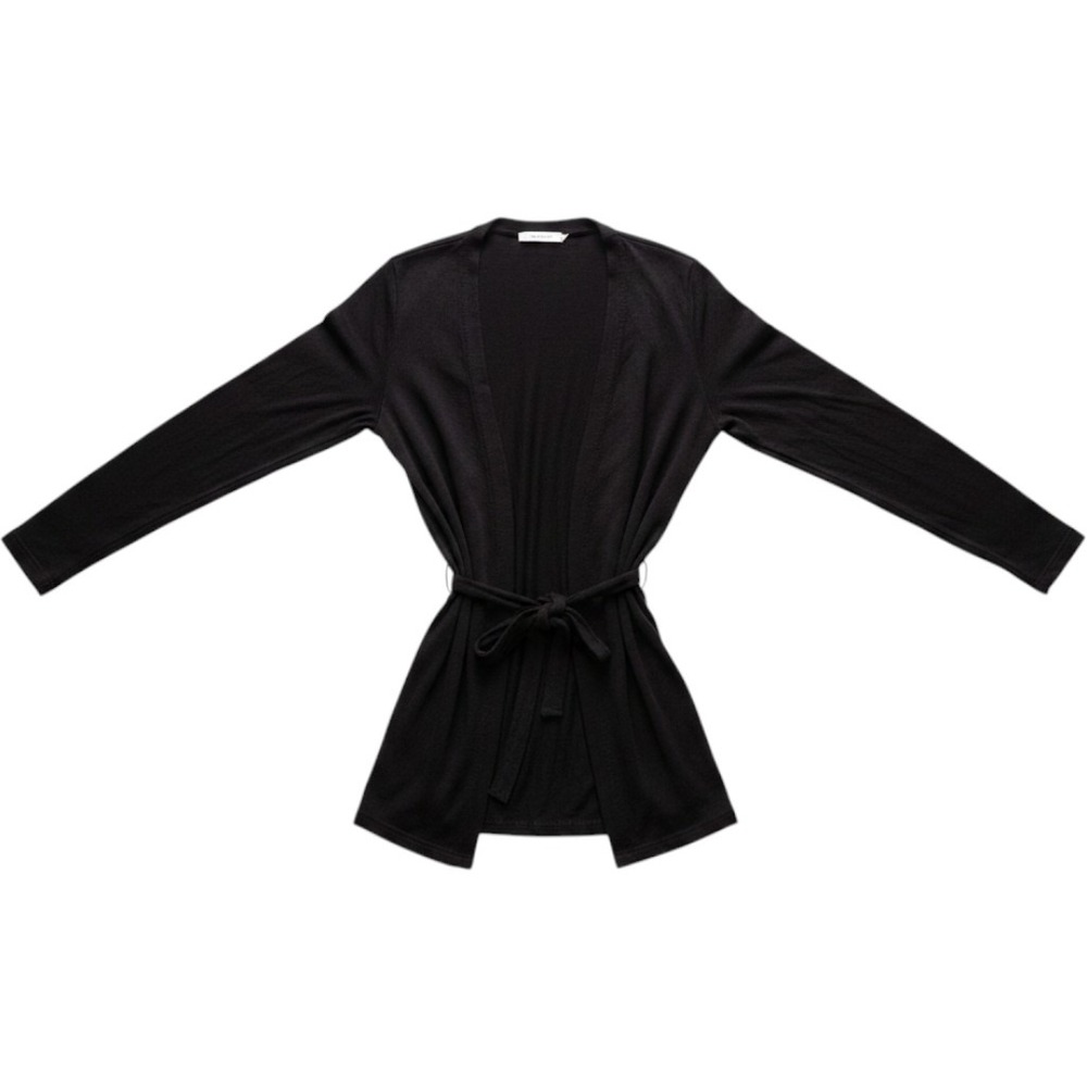 Silk Cashmere Blend Belted Open Front Cardigan Black Long Sleeve Sweater Medium